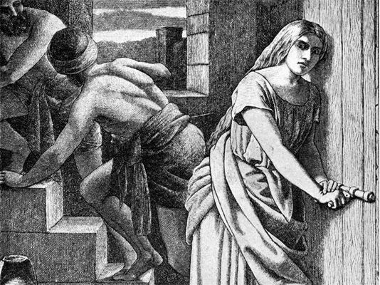 Блудницата Раав крие в дома си съгледвачите на Исус Навин - илюстрация на Библия от XIX век.