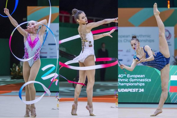 Стилияна Николова, Елвира Краснобаева и Боряна Калейн представиха България на високо ниво в квалификациите за индивидуалния многобой на Евро 2024 по художествена гимнастика в Будапеща. СНИМКИ: АННА НЕДКОВА, БФХГ