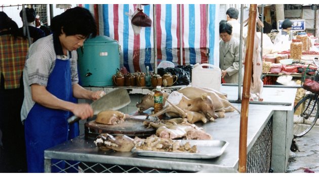 Месар разфасова кучешко на китайски пазар.