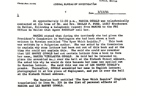 Рапортът на ФБР за разговора с Марина Осуалд, в който тя разкрива защо съпругът й рязал букви от българската книга.