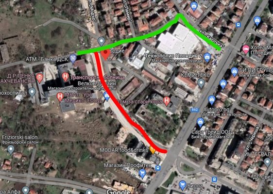 Червеният маркер показва коя част от ул. "Модър" ще бъде затворена до 23 март догодина.