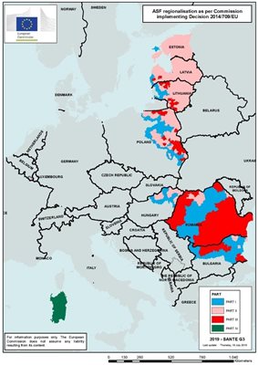 Регионално разпространение на Африканската чума по свинете, според регламента за зониране на Европейската комисия от 2014 г. Графика ЕК
