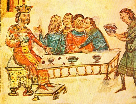 Хан Крум вдига наздравица с чашата, направена от черепа на император Никифор. Миниатюра от Ватиканския препис на хрониката на Константин Манаси (ХІV в.)