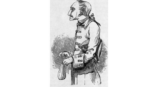 Скеч на Джон Елуес, изобразен с кесия.