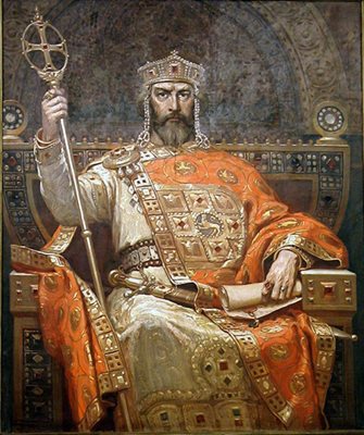 Портретът на цар Симеон I на Димитър Гюдженов, на който се вижда моделът на короната, символ на властта в средновековна България.