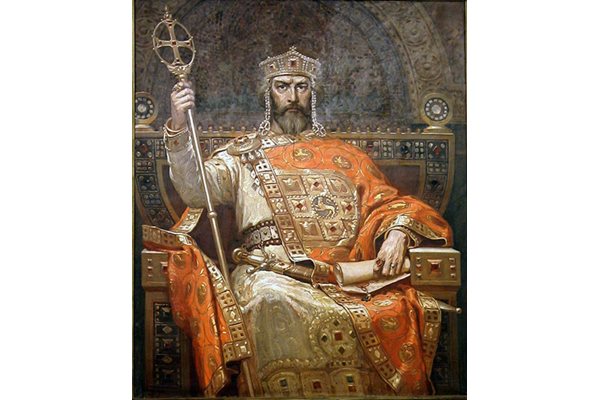 Портретът на цар Симеон I на Димитър Гюдженов, на който се вижда моделът на короната, символ на властта в средновековна България.