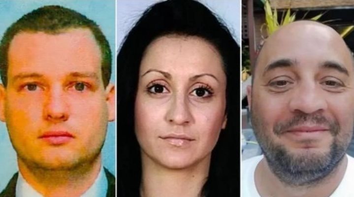 Задържаните българи - 45-годишният Орлин Русев (вляво), 41-годишният Бисер Джамбазов (вдясно) и 31-годишната Катрин Иванова.