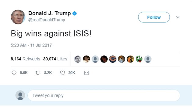 "Голяма победа срещу "Ислямска държава"!", написа Тръмп в Туитър, без да уточни какво има предвид.  Факсимиле : Туитър