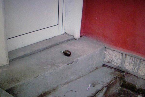 Отбранителната граната (на малката снимка) беше хвърлена пред вратата на сградата на общинския съвет на БСП в Лом. 
СНИМКА: АВТОРЪТ