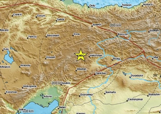 Регистрираха земетресение с магнитуд 4 в Турция Снимка: EMSC