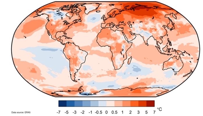 Отклонение на средногодишната температура на въздуха за 2020 г. спрямо нормата за 1981 – 2010 г. за цялото земно кълбо. Източник: C3S/ECMWF