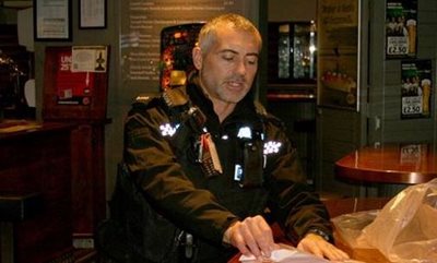 Wounded officer Darrell Meyers in a police clip to prevent thefts in Cornwall pubs.  PHOTO: ENGLISH POLICE