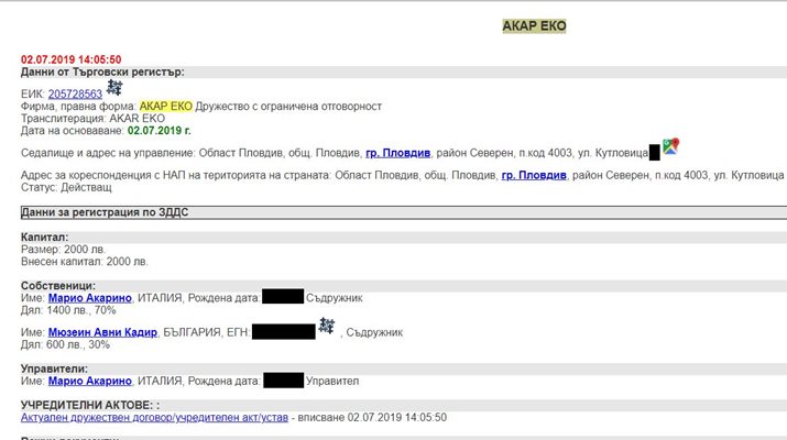Факсимиле от информационната система "Сиела" с данни от Търговския регистър за фирма "Акар Еко".