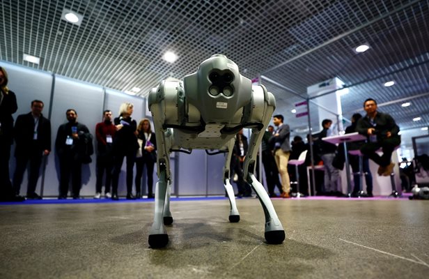 Посетители разглеждат четириногия робот Go1 от Unitree Robotics по време на Световния фестивал за изкуствен интелект, който се проведе през февруари в Кан, Франция.
СНИМКА: РОЙТЕРС