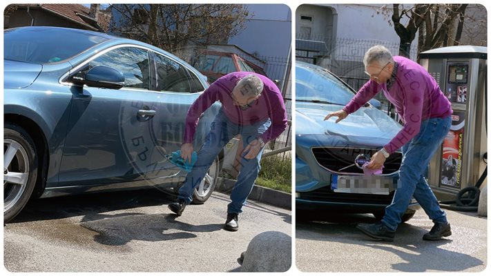 Червен активист сам си мие синята кола
