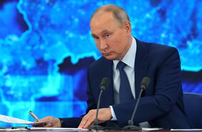 Vladimir Putin gave his press conference virtually from Novo Ogarevo.  PHOTO: Reuters