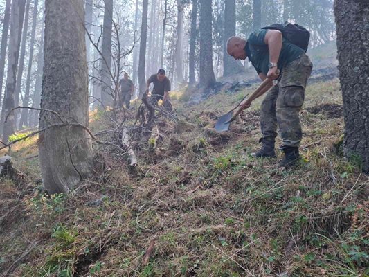 Военнослужещи от Сухопътните войски и днес участват в гасенето на пожара в Славянка. СНИМКА: МО