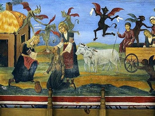 Зографът Никола Образописов от Самоков показва със  стенопис в Рилския манастир, че хората, които вярват на врачки, съзнателно се поддават на дявола.
