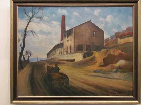 Васил Бараков - "Старата фабрика" (1946 г.), рисувана в стил "индустриален пейзаж" - една от емблематичните му картини в този жанр.