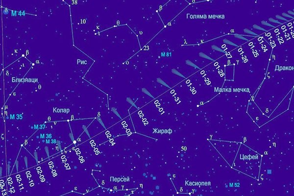 Видимият път на кометата C/2022 E3 (ZTF) през втората половина на януари и в първата на февруари, с позиции през 1 ден за 4 ч българско време, означени във формат месец - ден (mm-dd).