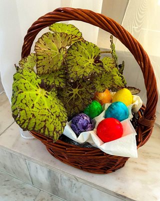 Lily Ivanova congratulates Easter with a photo of her beautifully painted eggs placed in a basket with geraniums.