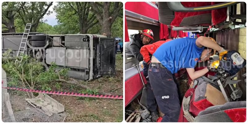 Обърнатият автобус и спасителите, които режат седалките / Кадри: Resul Oruçoğlu