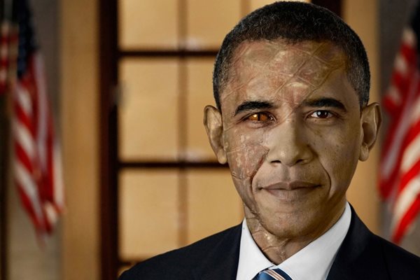 Барак Обама е изобразен с рептилско око.