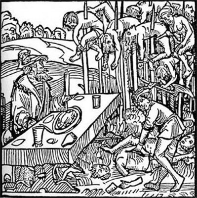 На тази илюстрация от 1499 г., включена в инкунабул от Нюрнберг, е показан Влад Цепеш - Дракула след превземането на Брашов. Той закусва и пие (не кръв, а вино), наблюдавайки любимото си наказание - набиването на кол. Навсякъде в текста на старата книга името му се изписва с О - DRAKOL. Също като в старобългарската дума, означаваща остър кол.
