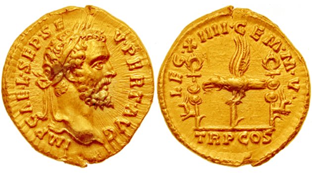 Златен ауреус на Септимий Север - съпруг на Юлия Домна.