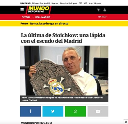Сайтът на каталунския спортен всекидневник "Мундо Депортиво" не пропусна да отрази изпълнението на Стоичков.