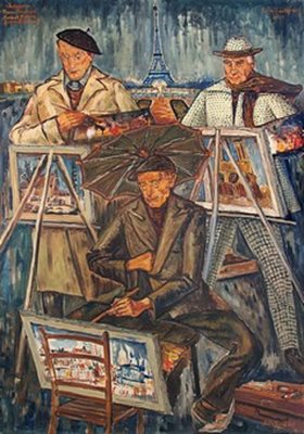 Тримата бараци, рисувани от Златю Бояджиев - неслучайно картините им са "обърнати" към зрителите. На преден фон - Златю Бояджиев, зад него - Перец, вляво - Бараков