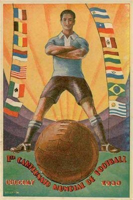 Картичката за първото световно в Уругвай. Долу вляво ясно се вижда българският трикольор. 