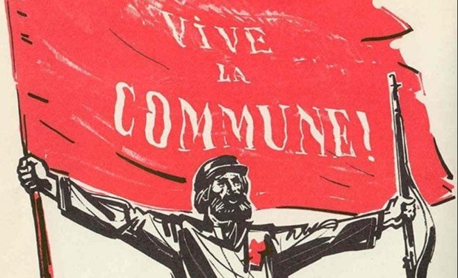 Карикатура на мъж с червен флаг, на който пише "Да живее комуната".