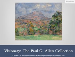 Онлайн страницата на “Кристис”, посветена на предстоящия исторически търг на колекцията на Пол Алън. Тя е илюстрирана с картината на Сезан “Планината Сен Виктоар, гледана от Белвю”, която се очаква да донесе 100 млн. долара.
