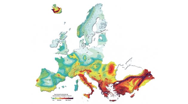 Карта на рисковете от сеизмична активност в Европа. По-светлите цветове показват липса на опасност, докато югоизточният район е разтърсван най-често и от най-мощни земетресения. Картата е от проекта SHARE към Европейската комисия.