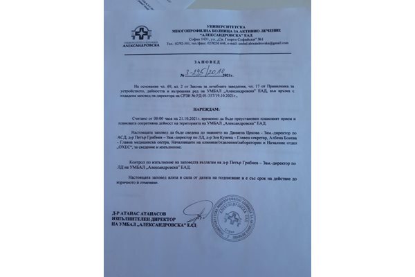 Това е заповедта на директора на "Александровска"