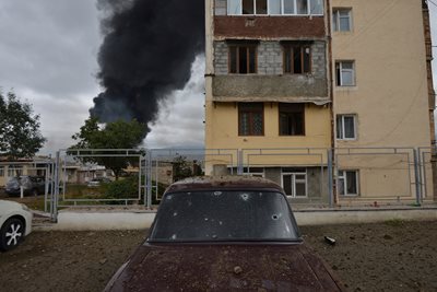 Thick smoke rises from the Stepanakert bombing.  PHOTO: Reuters