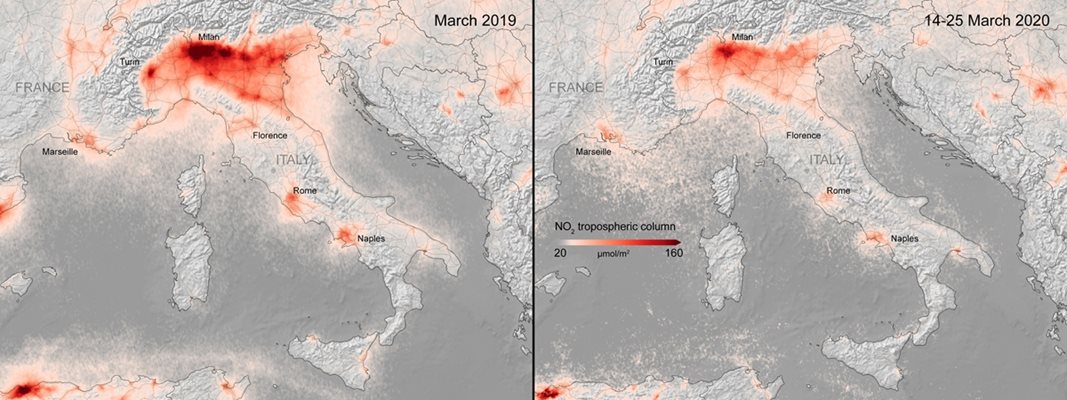 Комбинация от две изображения от спътника Copernicus Sentinel-5P показват намаляването на емисиите на азотен диоксид над Северна Италия от януари 2020 г. до 11 март 2020 г. Периодът съвпада с националната блокада за ограничаване на коронавируса.