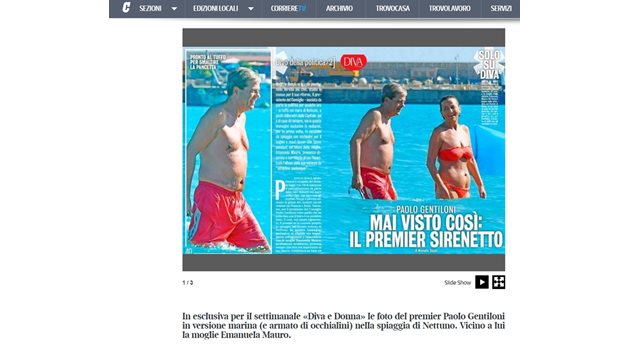 Джентилони използва свободните си от политиката часове, за да се потопи във водите до бреговете на Нетуно и Анцио. Факсимиле:corriere.it