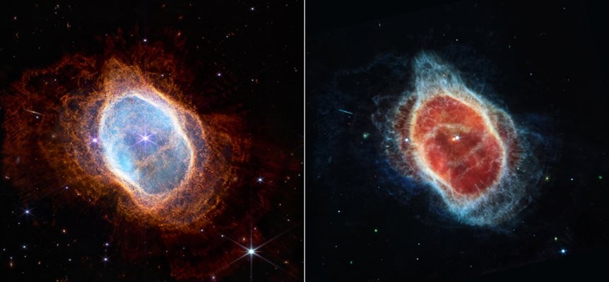 Две изображения едно до друго показват наблюдения на мъглявината Южен пръстен в близка инфрачервена светлина, вляво, и средна инфрачервена светлина, вдясно, от космическия телескоп Джеймс Уеб на НАСА.