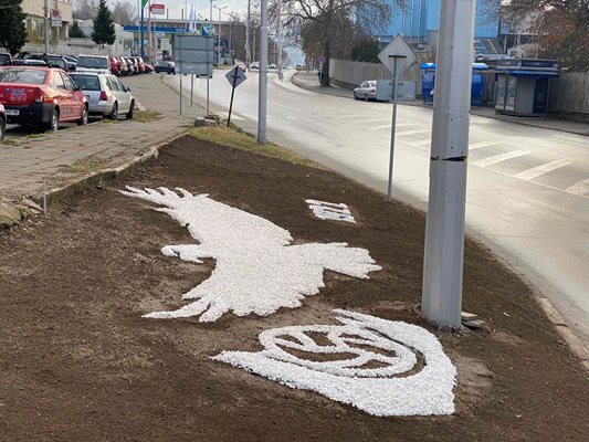 Емблемата на футболен клуб „Пирин“ на кръстовище в Благоевград.