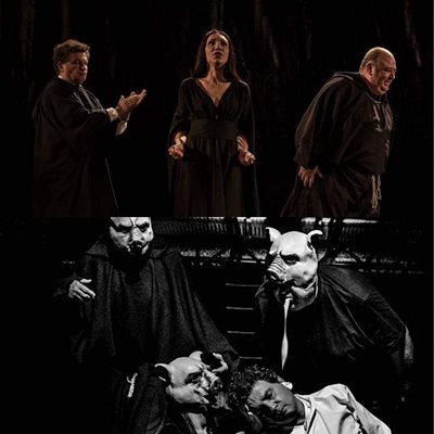 Любо Нейков вдясно в сцена от "Хамлет".
Долу той е един от тримата актьори със свински маски на главата. В постановката трупата на актьорите, поканена от Хамлет, изиграва представление пред чичо му, а метафората е какви свине могат да бъдат
хората.