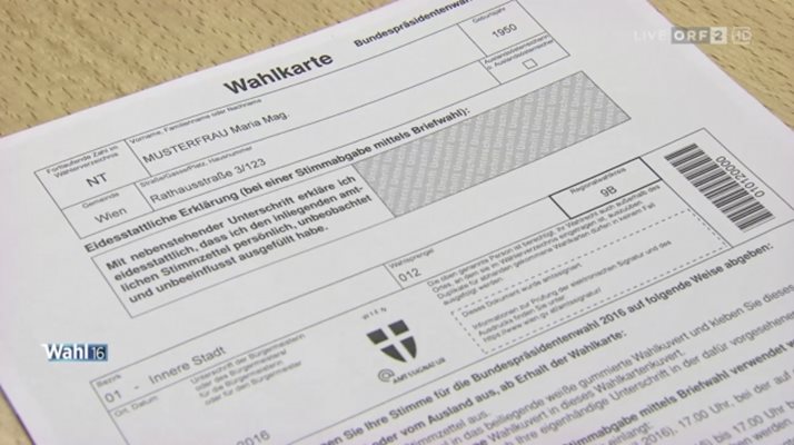 Бюлетината за гласуване по пощата в Австрия. СНИМКА: Стопкадър от ORF tvthek