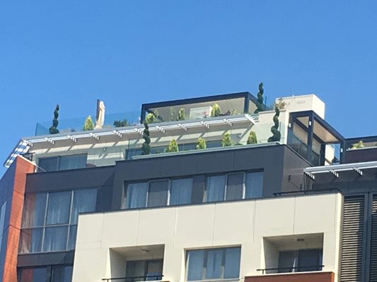 На последния етаж на тази кооперация се твърди, че Ралев има жилище със собствен асансьор, а на покрива - зелена градина.