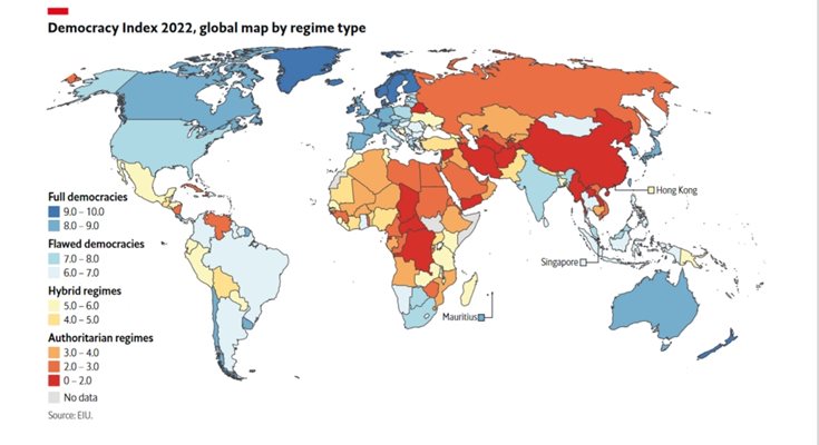 Карта на състоянието на демокрацията по света от доклада на "Икономист"
