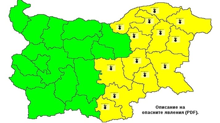 Жълт код за горещо време, с температури над 35 градуса, за 13 области в Източна България издаде за утре
Изображение: НИМХ