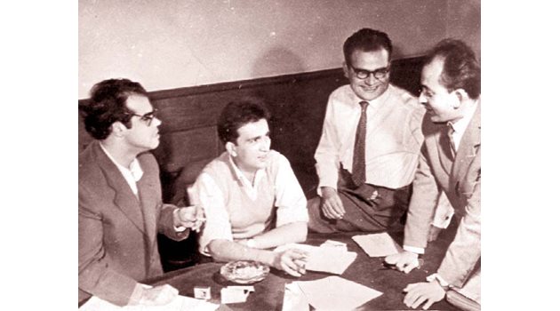 Млади поети. От ляво на дясно: Дамян Дамянов, Любомир Левчев, Владимир Башев, Драгомир Асенов