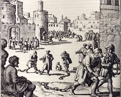 Оковани във вериги робите от Европа сменят собствениците си на пазарите в Тунис, Алжир и Триполи. Холандска гравюра от 1684 г.