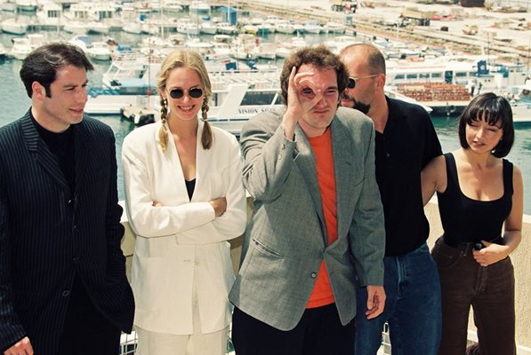 Джон Траволта, Ума Търман, Куентин Тарантино, Брус Уилис и Мария де Медейруш през 1994 г. на фестивала в Кан