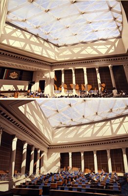 Проектът за нова пленарна зала със стъклен покрив.